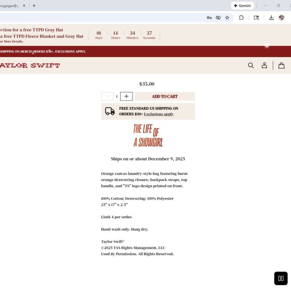 Taylor Swift The Life of a Showgirl Show Girl Laundry Bag TS Monogram TLOAS NWT - Picture 2 of 3